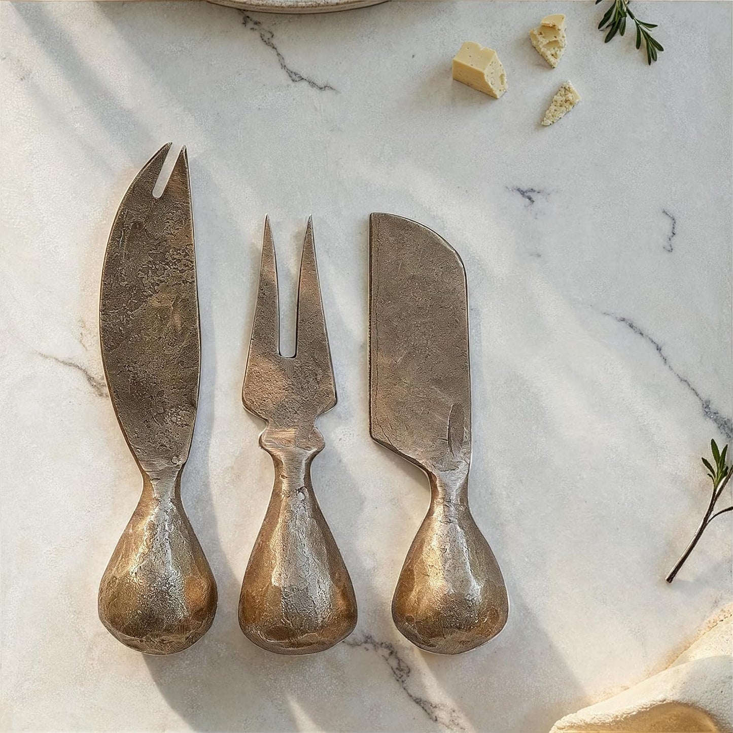 3-Piece Hand-Forged Metal Cheese Knives Set, Gold