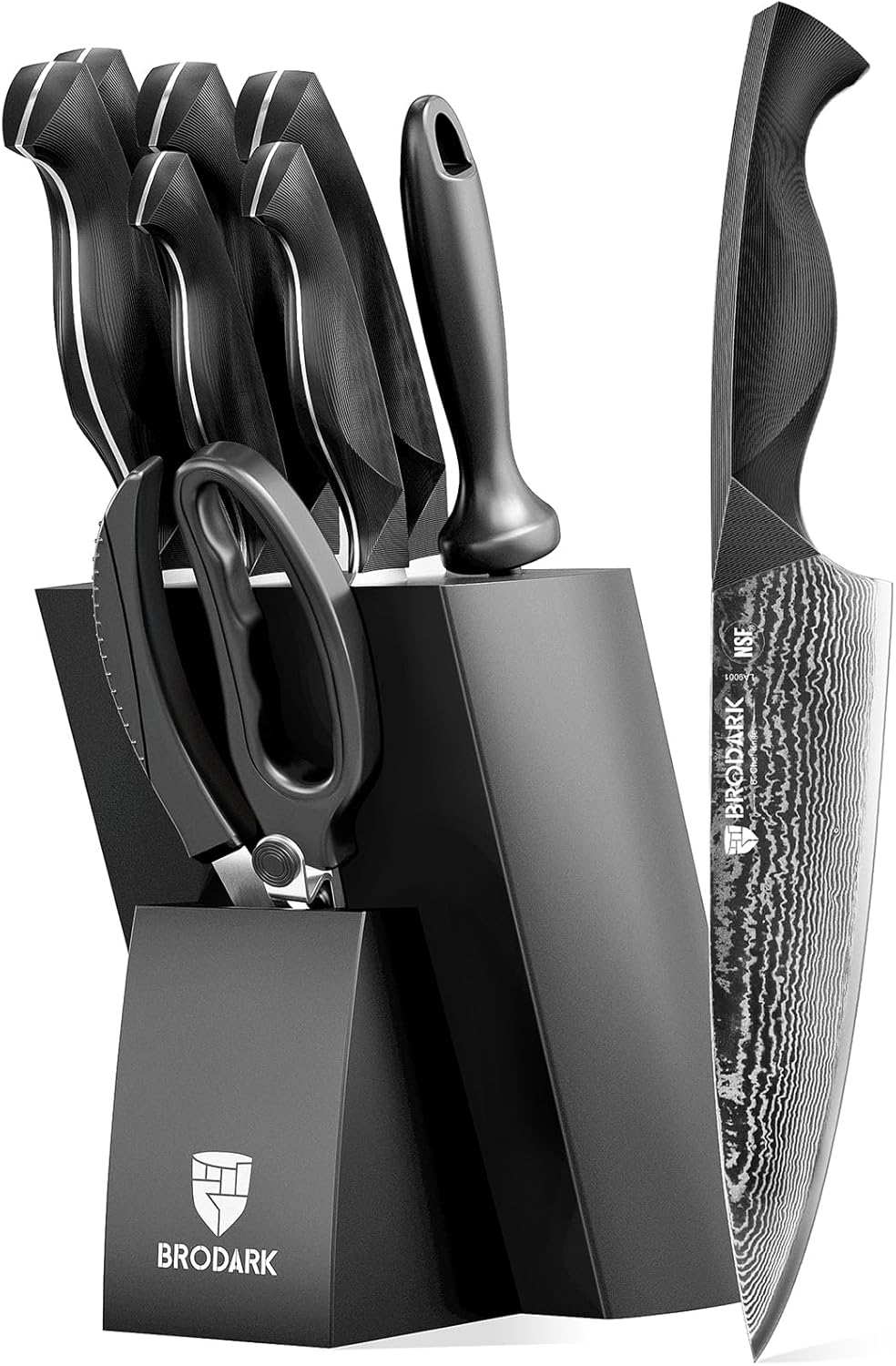 Knife Set, Damascus Kitchen Knife Set with Block, 9 Pieces Sharp Professional Japanese Chef Knives with Ergonomic Full-Tang ABS Handle for Home, Restaurant -Christmas Gift, Dark Horse Series