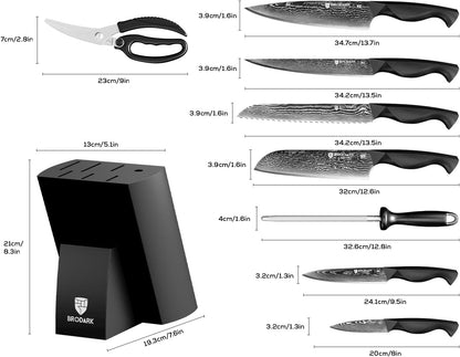 Knife Set, Damascus Kitchen Knife Set with Block, 9 Pieces Sharp Professional Japanese Chef Knives with Ergonomic Full-Tang ABS Handle for Home, Restaurant -Christmas Gift, Dark Horse Series