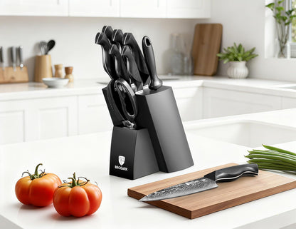 Knife Set, Damascus Kitchen Knife Set with Block, 9 Pieces Sharp Professional Japanese Chef Knives with Ergonomic Full-Tang ABS Handle for Home, Restaurant -Christmas Gift, Dark Horse Series