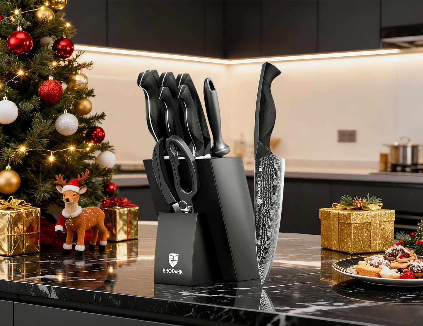 Knife Set, Damascus Kitchen Knife Set with Block, 9 Pieces Sharp Professional Japanese Chef Knives with Ergonomic Full-Tang ABS Handle for Home, Restaurant -Christmas Gift, Dark Horse Series