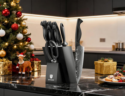 Knife Set, Damascus Kitchen Knife Set with Block, 9 Pieces Sharp Professional Japanese Chef Knives with Ergonomic Full-Tang ABS Handle for Home, Restaurant -Christmas Gift, Dark Horse Series