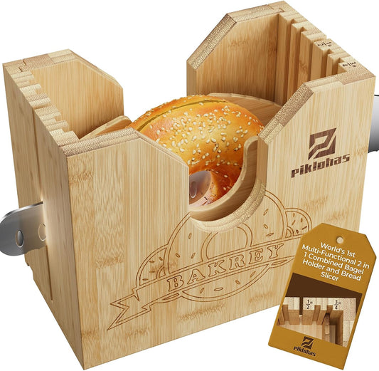 2026 Bagel Slicer, Bamboo Bread Slicer for Small and Large Bagels | Upgrade Bagel Cutter for Buns, English Muffins, 2 Adjustable Thickness, Anti-slip Mat, Ideal for Gift (No Knife)