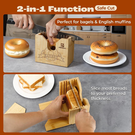 2026 Bagel Slicer, Bamboo Bread Slicer for Small and Large Bagels | Upgrade Bagel Cutter for Buns, English Muffins, 2 Adjustable Thickness, Anti-slip Mat, Ideal for Gift (No Knife)