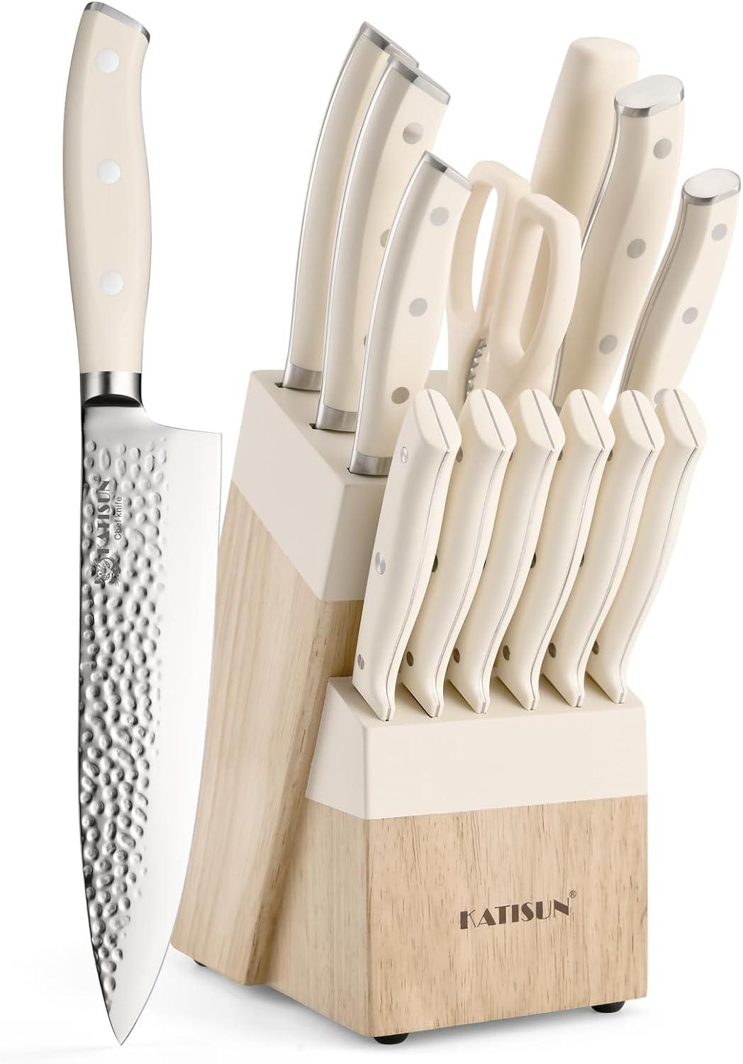 16 Pieces Kitchen Knife Block Set with Cutting Board, German Stainless Steel Knife Set with Sharpener, Dishwasher Safe, Anti-Slip Handle, 6 Steak Knives, Black