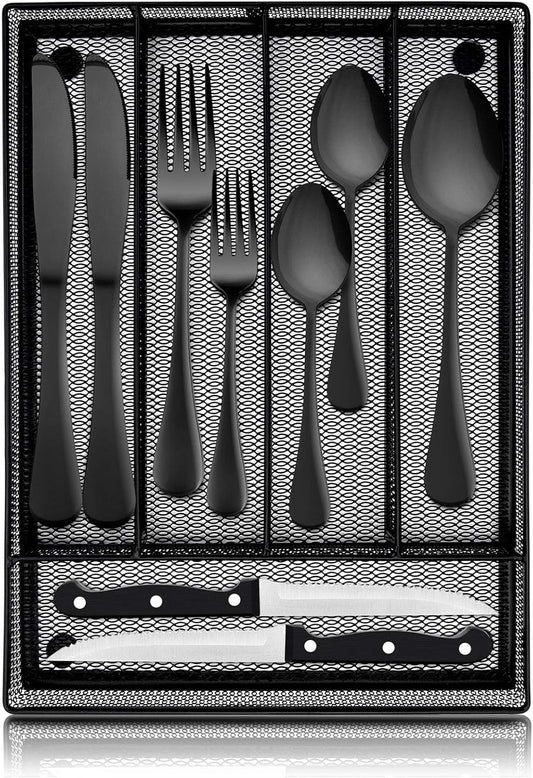 24-Piece Black Silverware Set with Steak Knives and Organizer, Stainless Steel Flatware Cutlery Set for 4, Tableware Eating Utensils for Wedding Home Party, Dishwasher Safe, Mirror Polished