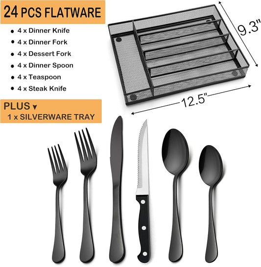 24-Piece Black Silverware Set with Steak Knives and Organizer, Stainless Steel Flatware Cutlery Set for 4, Tableware Eating Utensils for Wedding Home Party, Dishwasher Safe, Mirror Polished