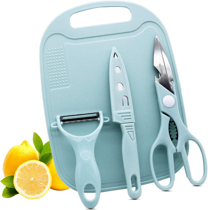 Travel Cutting Board Set, 4 Pcs Portable Mini Camping Knife Set | Plastic Cutting Board Set & Stainless Steel Knife with Sheath, Fruits & Vegetable Peeler Scissors,Blue