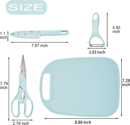 Travel Cutting Board Set, 4 Pcs Portable Mini Camping Knife Set | Plastic Cutting Board Set & Stainless Steel Knife with Sheath, Fruits & Vegetable Peeler Scissors,Blue
