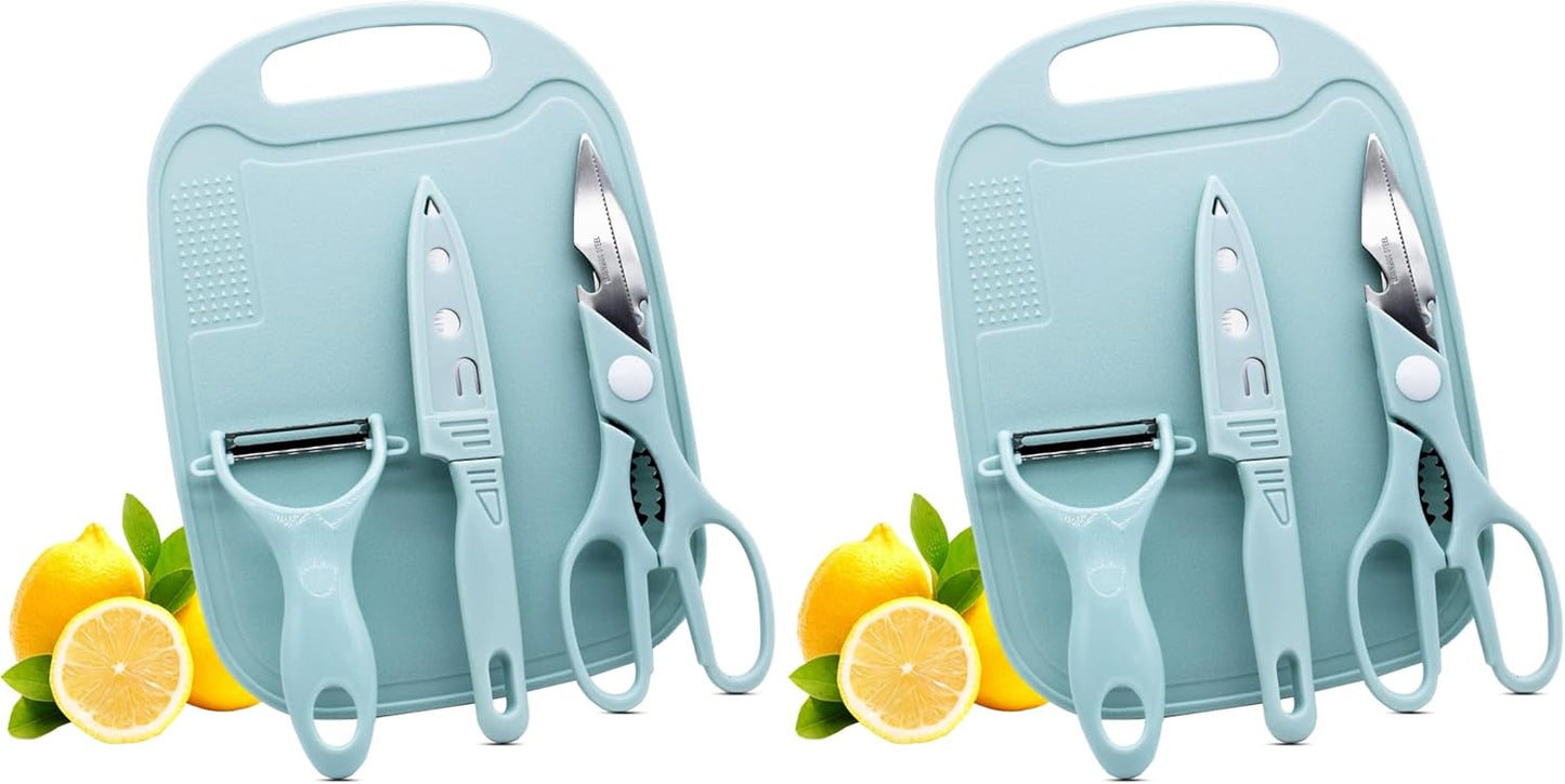 Travel Cutting Board Set, 4 Pcs Portable Mini Camping Knife Set | Plastic Cutting Board Set & Stainless Steel Knife with Sheath, Fruits & Vegetable Peeler Scissors,Blue