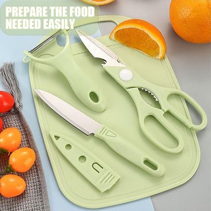 Travel Cutting Board Set, 4 Pcs Portable Mini Camping Knife Set | Plastic Cutting Board Set & Stainless Steel Knife with Sheath, Fruits & Vegetable Peeler Scissors,Blue
