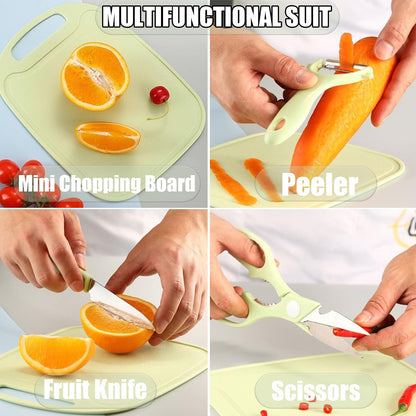 Travel Cutting Board Set, 4 Pcs Portable Mini Camping Knife Set | Plastic Cutting Board Set & Stainless Steel Knife with Sheath, Fruits & Vegetable Peeler Scissors,Blue