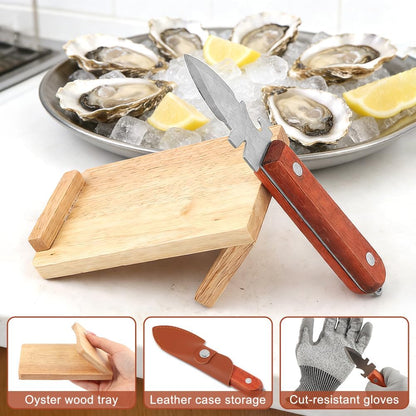 Oyster Knife Shucker Set Oyster Shucking Knife with Wooden holder Oysters Shucking Clamp & Cut Resistant Gloves Seafood Tools for Clam, Shellfish, Crab, Kitchen Knifes Tool Gift