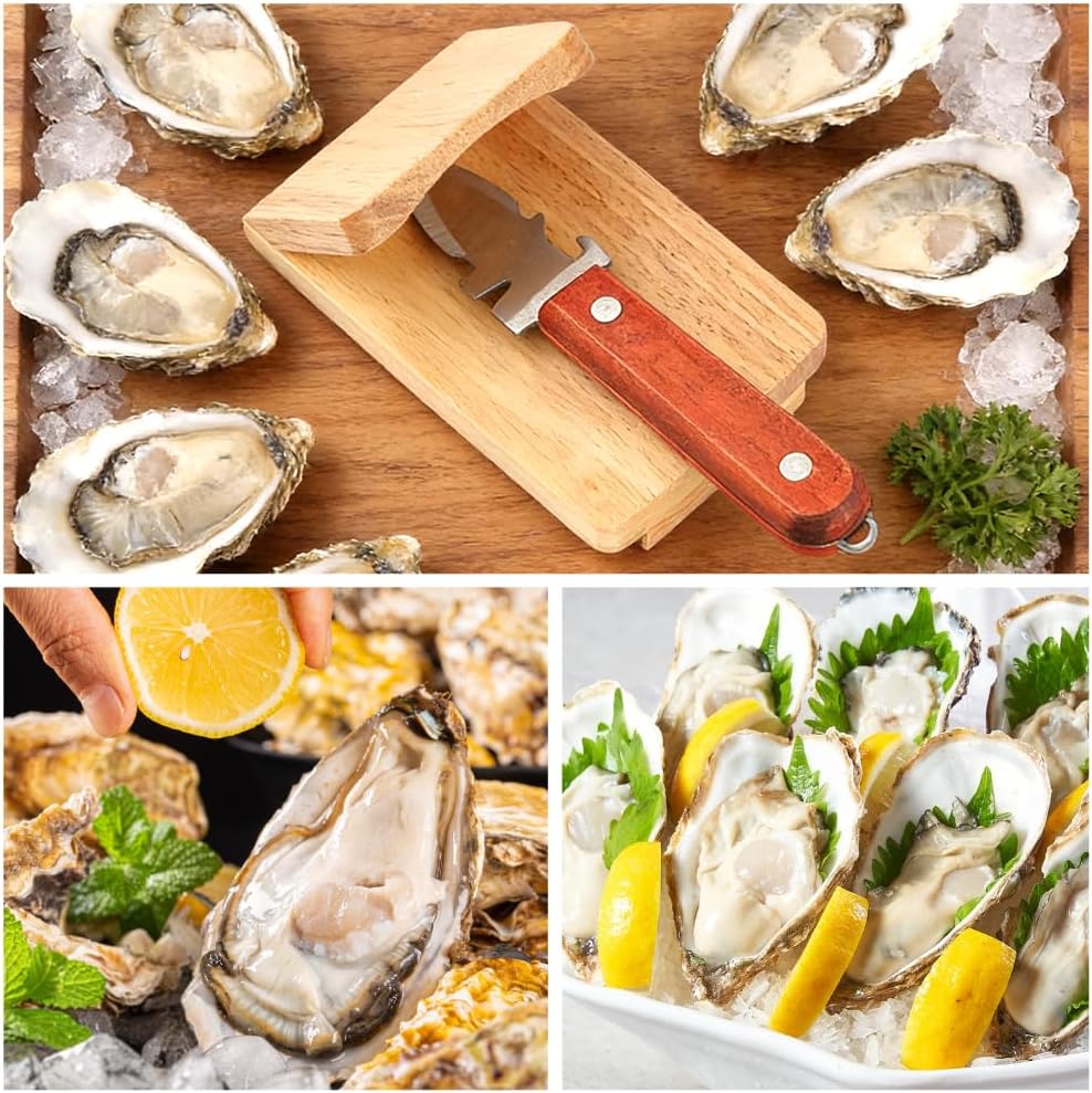 Oyster Knife Shucker Set Oyster Shucking Knife with Wooden holder Oysters Shucking Clamp & Cut Resistant Gloves Seafood Tools for Clam, Shellfish, Crab, Kitchen Knifes Tool Gift