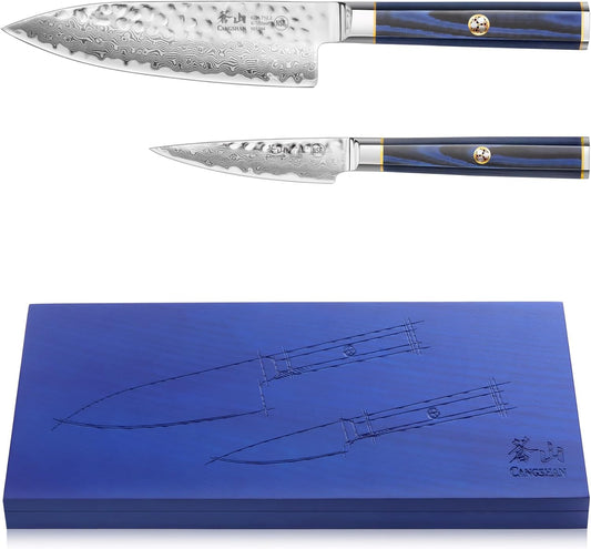 Cangshan KITA Series 2-Piece Starter Knife Set (6" Chef + 3.5" Paring) With Ash Wood Box, High Carbon X-7 Damascus Steel, 501523 (2pc)
