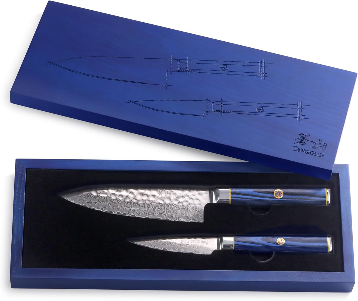 Cangshan KITA Series 2-Piece Starter Knife Set (6" Chef + 3.5" Paring) With Ash Wood Box, High Carbon X-7 Damascus Steel, 501523 (2pc)