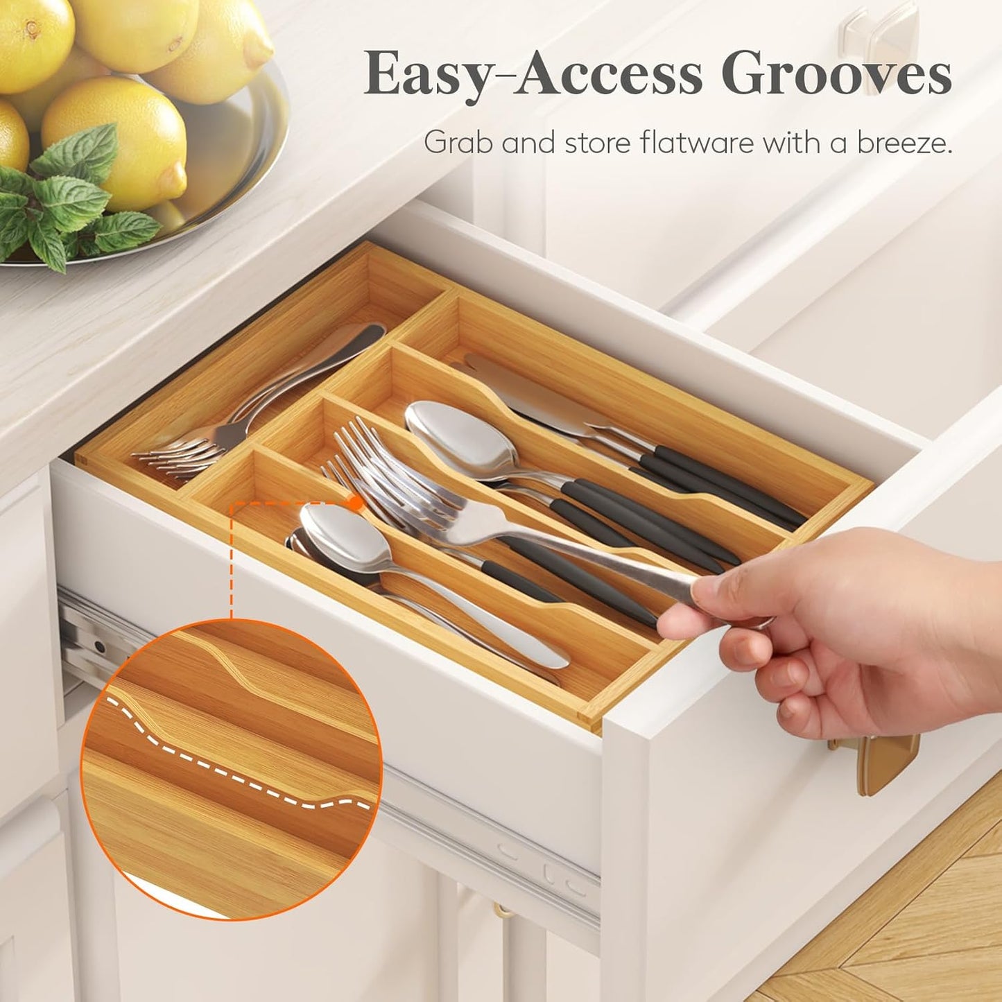 Silverware Drawer Organizer, Utensil Tray for Kitchen, Flatware and Cutlery Holder, Storage for Spoons Forks Knives, 6.7 x 12", Natural
