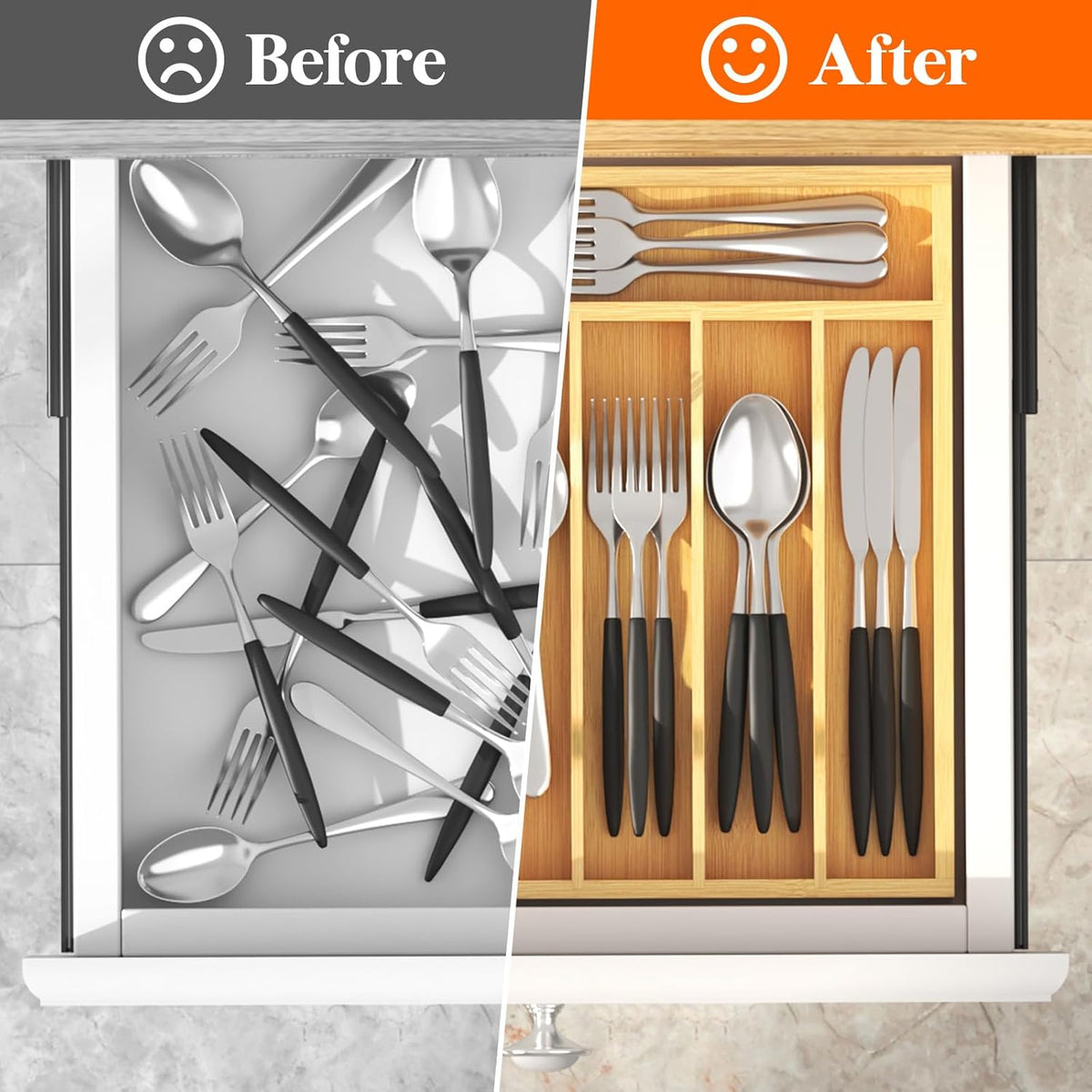 Silverware Drawer Organizer, Utensil Tray for Kitchen, Flatware and Cutlery Holder, Storage for Spoons Forks Knives, 6.7 x 12", Natural