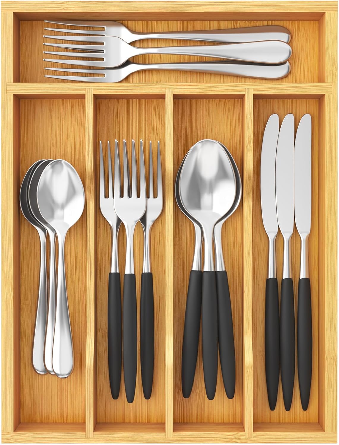 Silverware Drawer Organizer, Utensil Tray for Kitchen, Flatware and Cutlery Holder, Storage for Spoons Forks Knives, 6.7 x 12", Natural