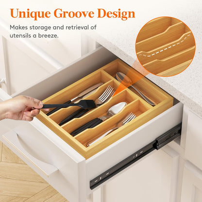 Silverware Drawer Organizer, Utensil Tray for Kitchen, Flatware and Cutlery Holder, Storage for Spoons Forks Knives, 6.7 x 12", Natural