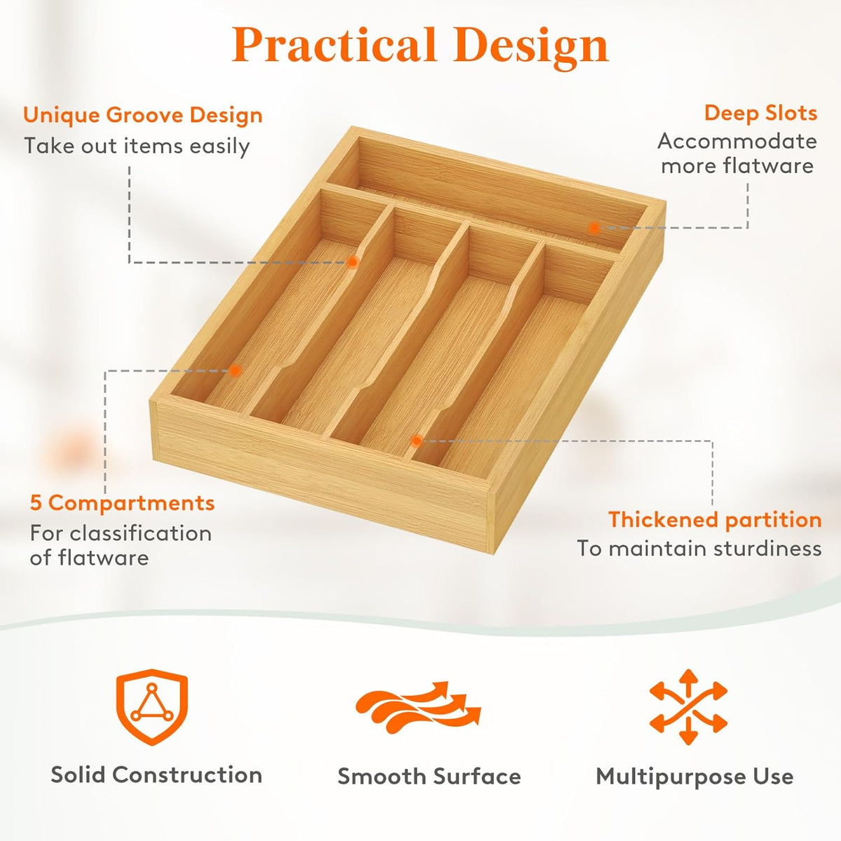 Silverware Drawer Organizer, Utensil Tray for Kitchen, Flatware and Cutlery Holder, Storage for Spoons Forks Knives, 6.7 x 12", Natural