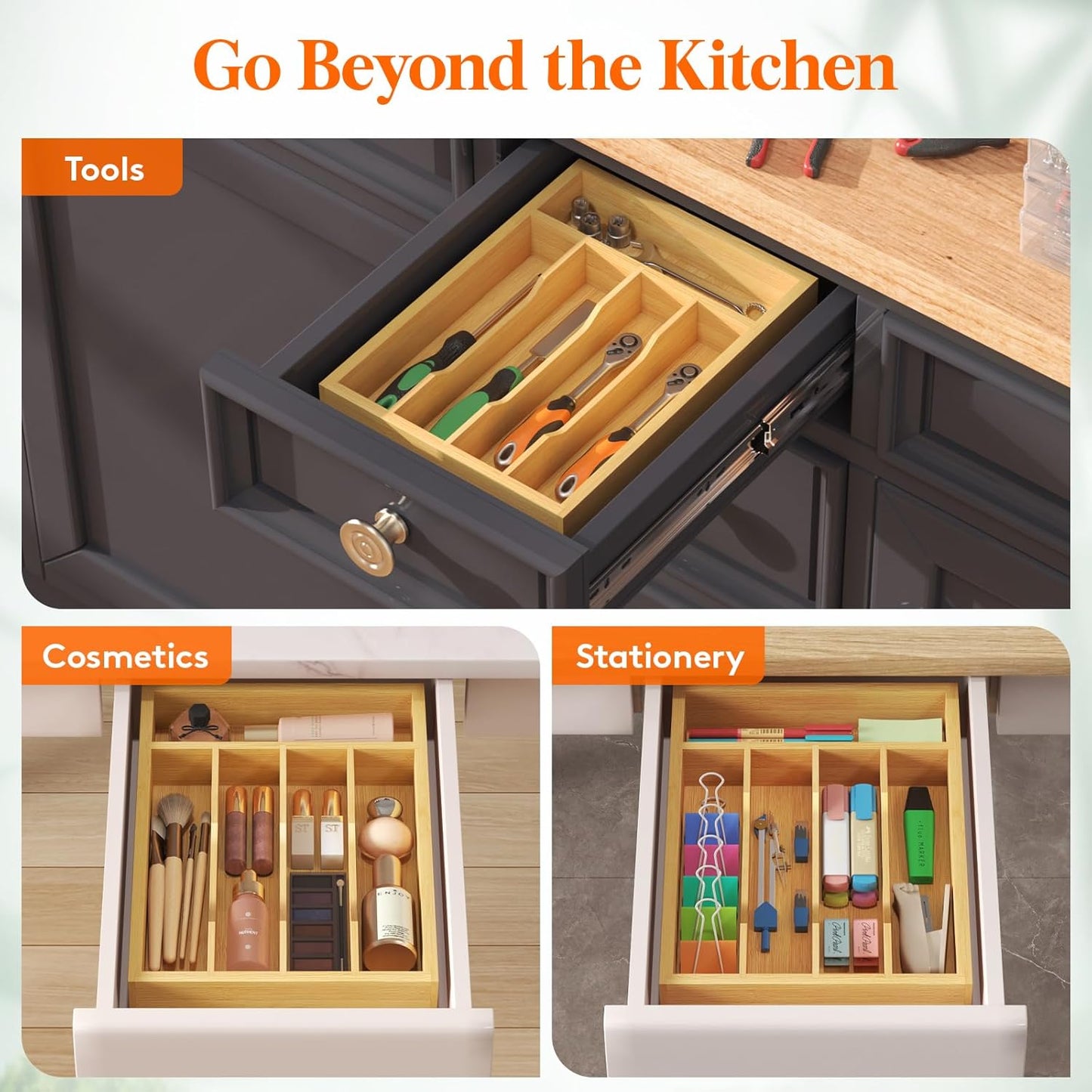 Silverware Drawer Organizer, Utensil Tray for Kitchen, Flatware and Cutlery Holder, Storage for Spoons Forks Knives, 6.7 x 12", Natural