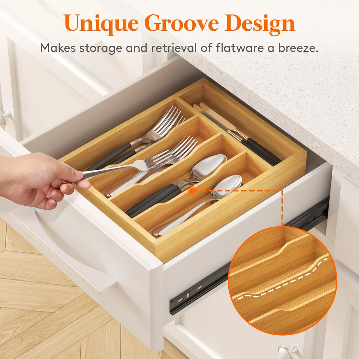Silverware Drawer Organizer, Utensil Tray for Kitchen, Flatware and Cutlery Holder, Storage for Spoons Forks Knives, 6.7 x 12", Natural