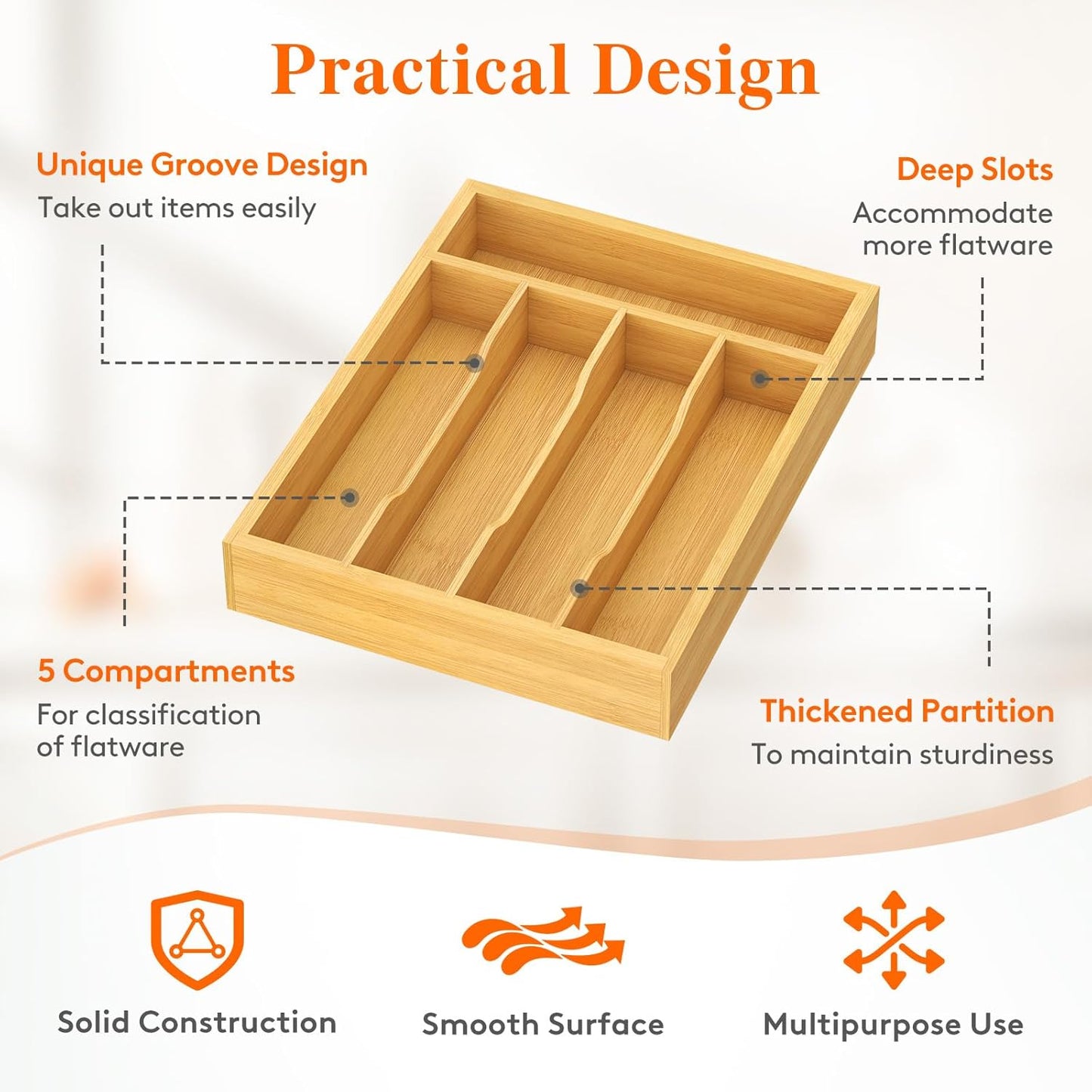 Silverware Drawer Organizer, Utensil Tray for Kitchen, Flatware and Cutlery Holder, Storage for Spoons Forks Knives, 6.7 x 12", Natural