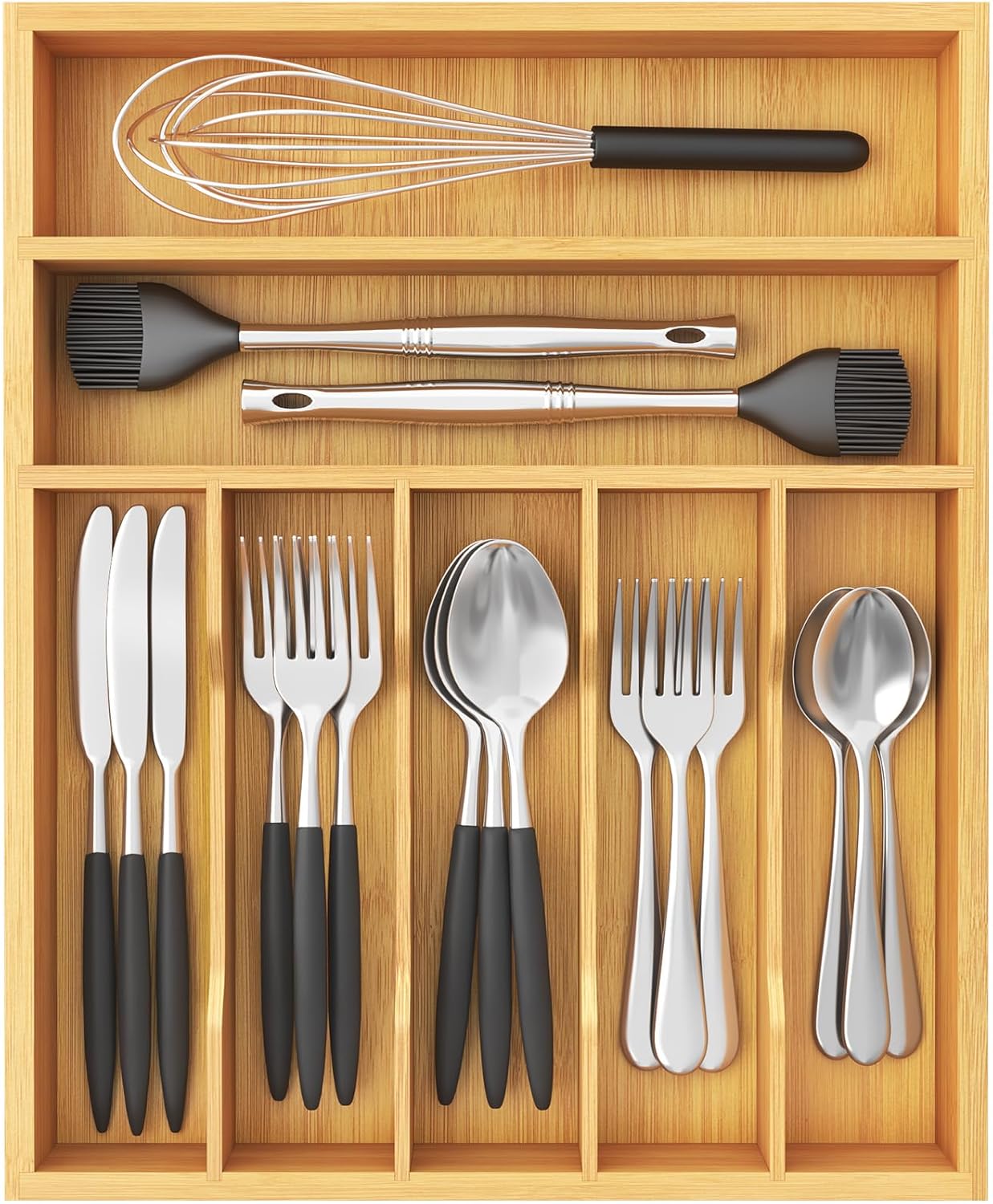 Silverware Drawer Organizer, Utensil Tray for Kitchen, Flatware and Cutlery Holder, Storage for Spoons Forks Knives, 6.7 x 12", Natural
