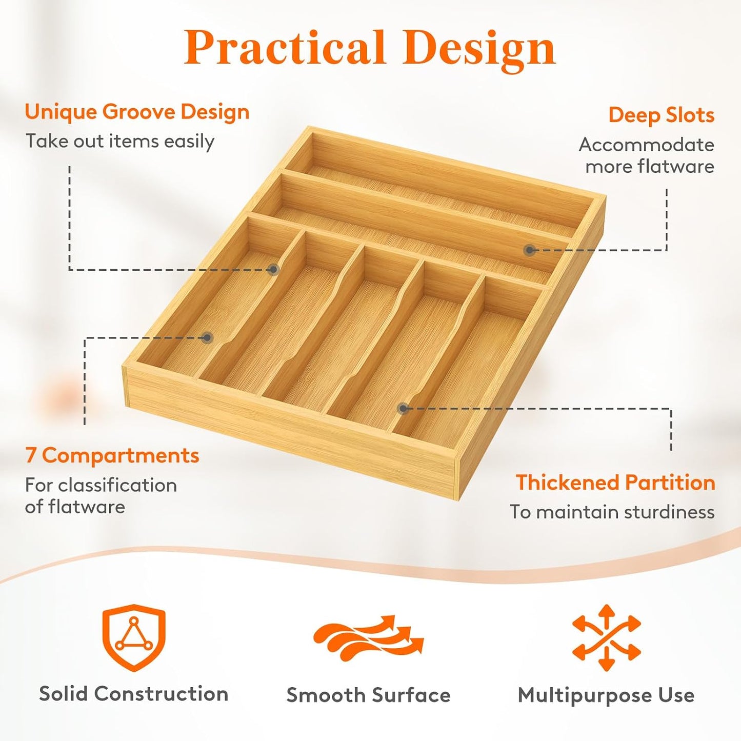 Silverware Drawer Organizer, Utensil Tray for Kitchen, Flatware and Cutlery Holder, Storage for Spoons Forks Knives, 6.7 x 12", Natural