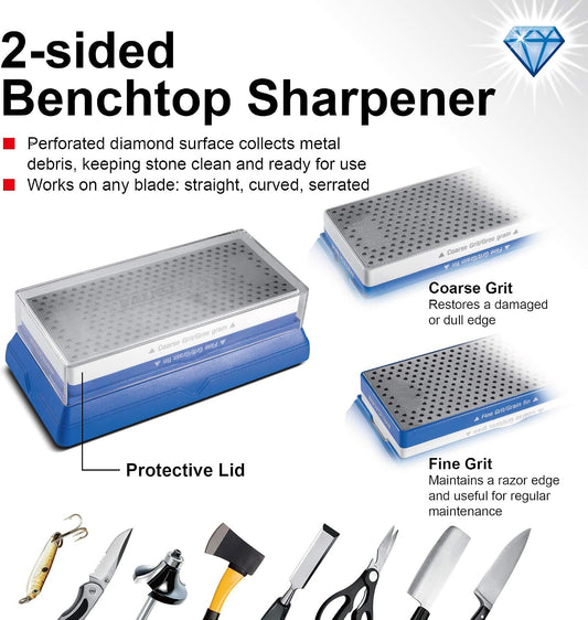 2 Piece Diamond Stone Sharpening Set – Dual-Sided Benchtop & Portable Pocket Sharpener with Coarse & Fine Grit – Genuine Diamond Particles, Anti-Slip Base, and Storage Case – 240021