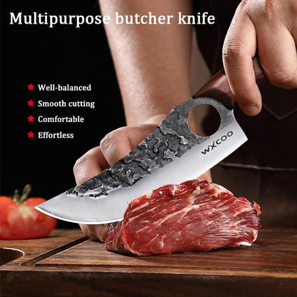 Hand Forged Hunting Knife with Leather Sheath High Carbon Steel Full Tang Butcher Boning Knife for Camping Hiking Fishing BBQ Single Blade Outdoor Cleaver for Meat Cutting and Game Processing