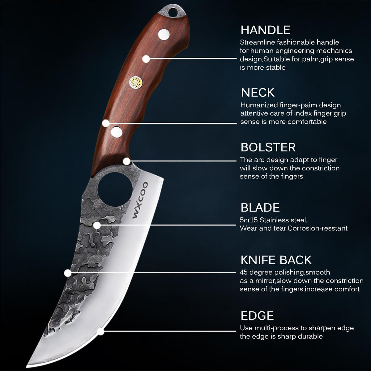 Hand Forged Hunting Knife with Leather Sheath High Carbon Steel Full Tang Butcher Boning Knife for Camping Hiking Fishing BBQ Single Blade Outdoor Cleaver for Meat Cutting and Game Processing