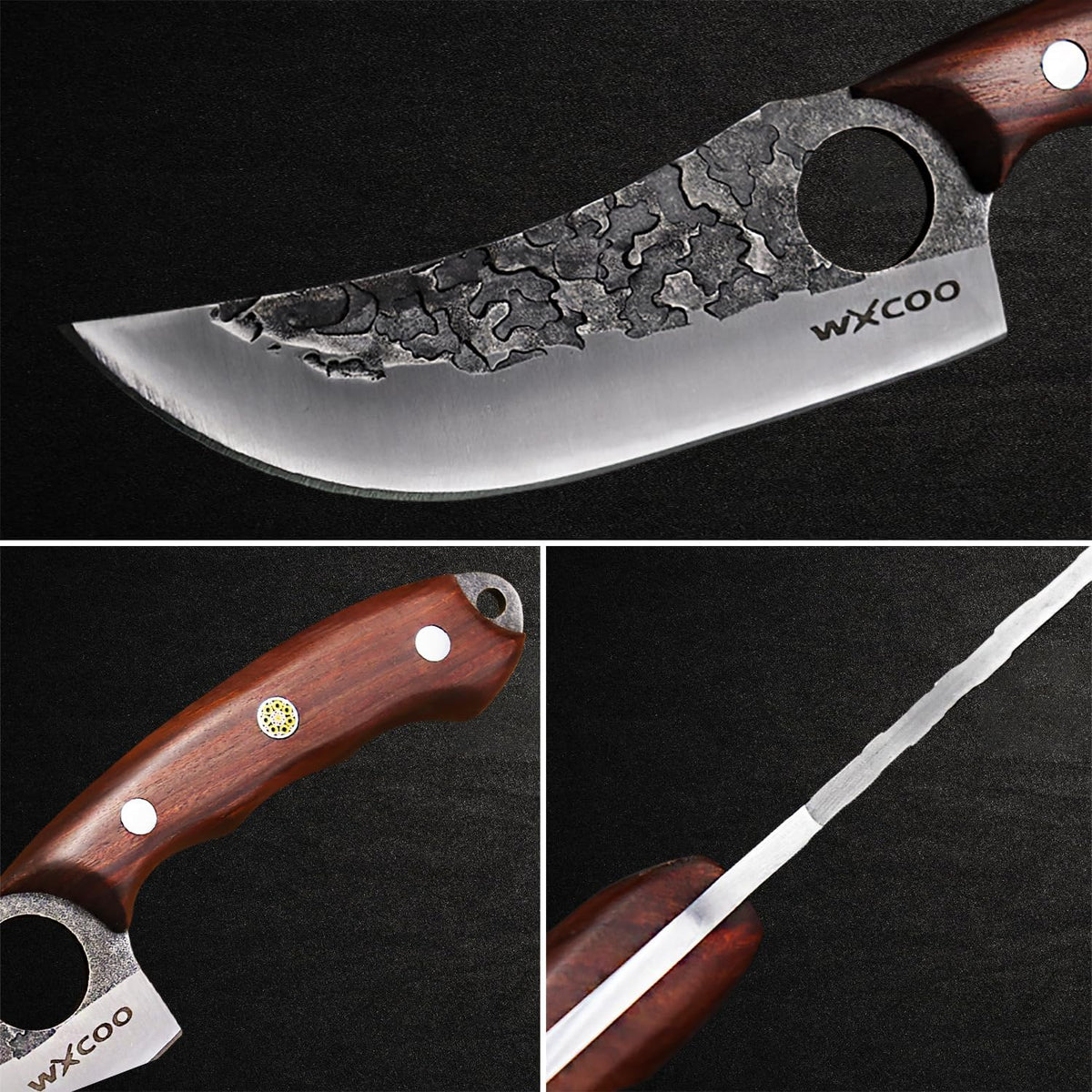 Hand Forged Hunting Knife with Leather Sheath High Carbon Steel Full Tang Butcher Boning Knife for Camping Hiking Fishing BBQ Single Blade Outdoor Cleaver for Meat Cutting and Game Processing