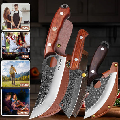 Hand Forged Hunting Knife with Leather Sheath High Carbon Steel Full Tang Butcher Boning Knife for Camping Hiking Fishing BBQ Single Blade Outdoor Cleaver for Meat Cutting and Game Processing