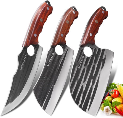 Hand Forged Hunting Knife with Leather Sheath High Carbon Steel Full Tang Butcher Boning Knife for Camping Hiking Fishing BBQ Single Blade Outdoor Cleaver for Meat Cutting and Game Processing
