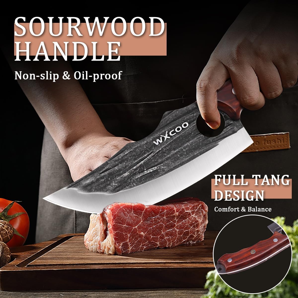 Hand Forged Hunting Knife with Leather Sheath High Carbon Steel Full Tang Butcher Boning Knife for Camping Hiking Fishing BBQ Single Blade Outdoor Cleaver for Meat Cutting and Game Processing