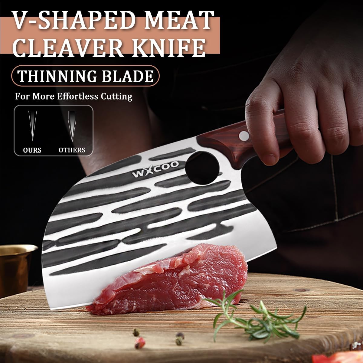 Hand Forged Hunting Knife with Leather Sheath High Carbon Steel Full Tang Butcher Boning Knife for Camping Hiking Fishing BBQ Single Blade Outdoor Cleaver for Meat Cutting and Game Processing