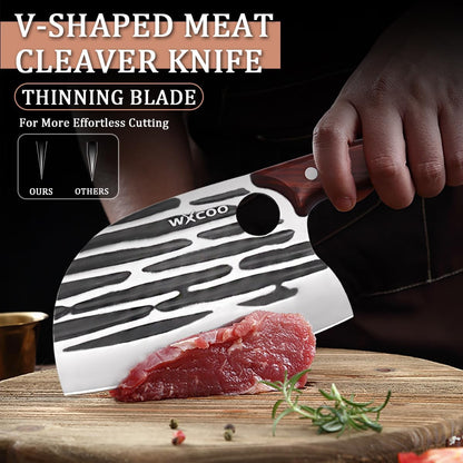Hand Forged Hunting Knife with Leather Sheath High Carbon Steel Full Tang Butcher Boning Knife for Camping Hiking Fishing BBQ Single Blade Outdoor Cleaver for Meat Cutting and Game Processing