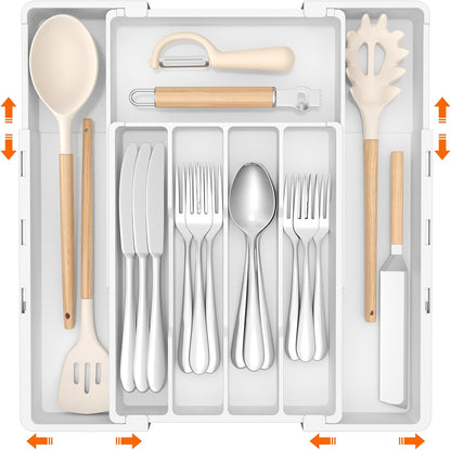 Silverware Drawer Organizer, Expandable Utensil Tray for Kitchen, BPA Free Flatware and Cutlery Holder, Adjustable Plastic Storage for Spoons Forks Knives, 4-7 Slots, Black