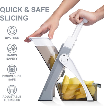 SupMaKin Safe Mandoline Slicer for Kitchen,Adjustable Potato Slicer 1-8 mm | for Vegetables Fruits Slicer with Container, Stainless Steel Blades,Faster Slicer Artifact Kitchen Gadgets Dishwasher Gifts