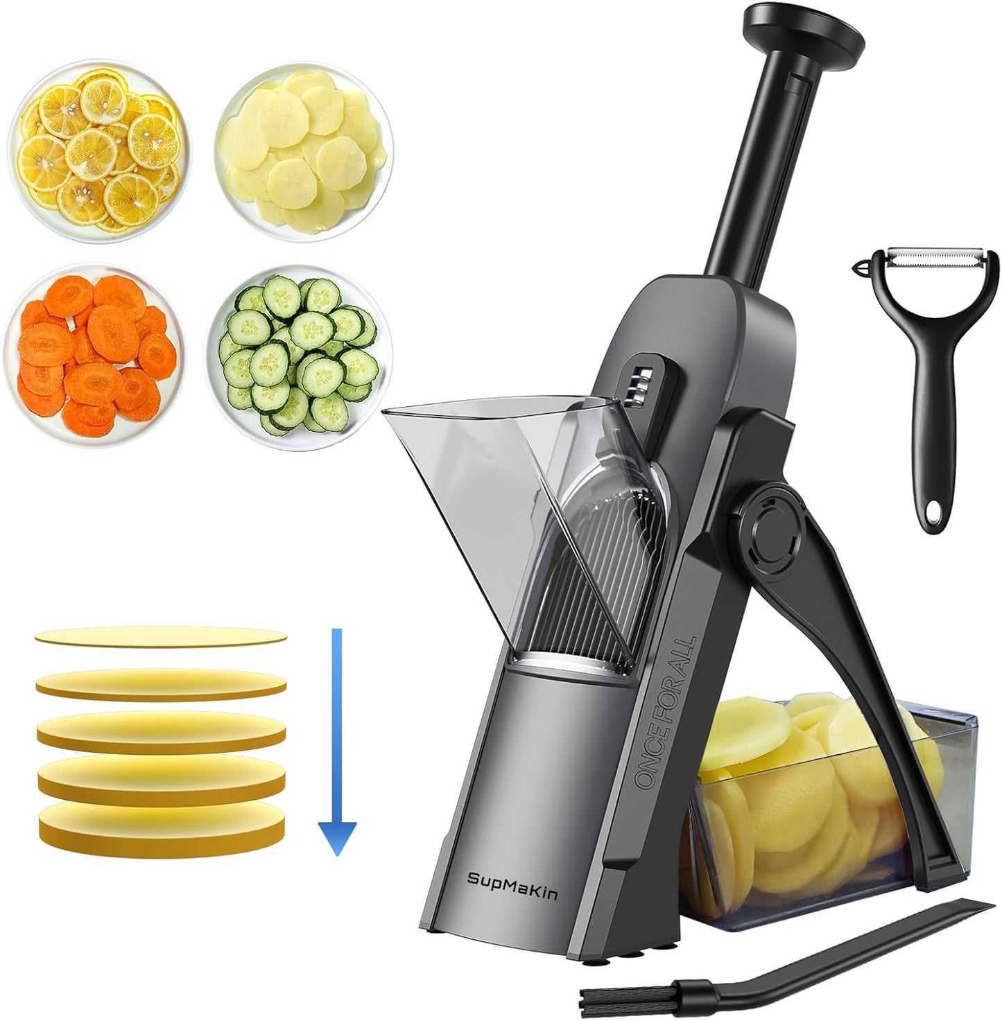 SupMaKin Safe Mandoline Slicer for Kitchen,Adjustable Potato Slicer 1-8 mm | for Vegetables Fruits Slicer with Container, Stainless Steel Blades,Faster Slicer Artifact Kitchen Gadgets Dishwasher Gifts
