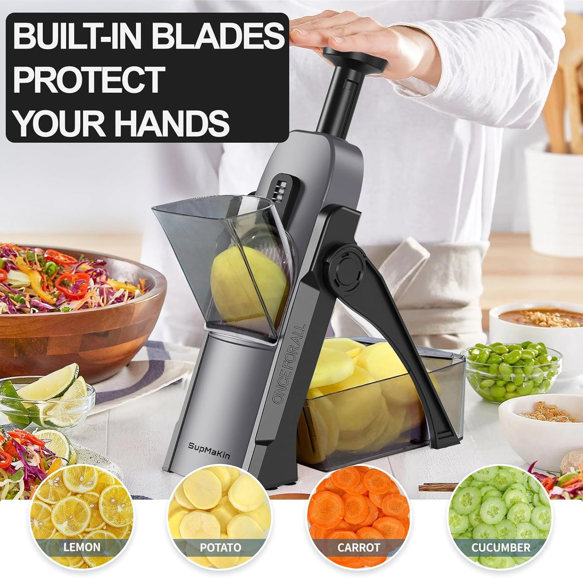 SupMaKin Safe Mandoline Slicer for Kitchen,Adjustable Potato Slicer 1-8 mm | for Vegetables Fruits Slicer with Container, Stainless Steel Blades,Faster Slicer Artifact Kitchen Gadgets Dishwasher Gifts