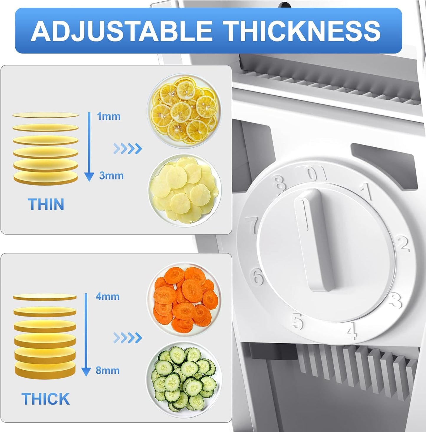 SupMaKin Safe Mandoline Slicer for Kitchen,Adjustable Potato Slicer 1-8 mm | for Vegetables Fruits Slicer with Container, Stainless Steel Blades,Faster Slicer Artifact Kitchen Gadgets Dishwasher Gifts