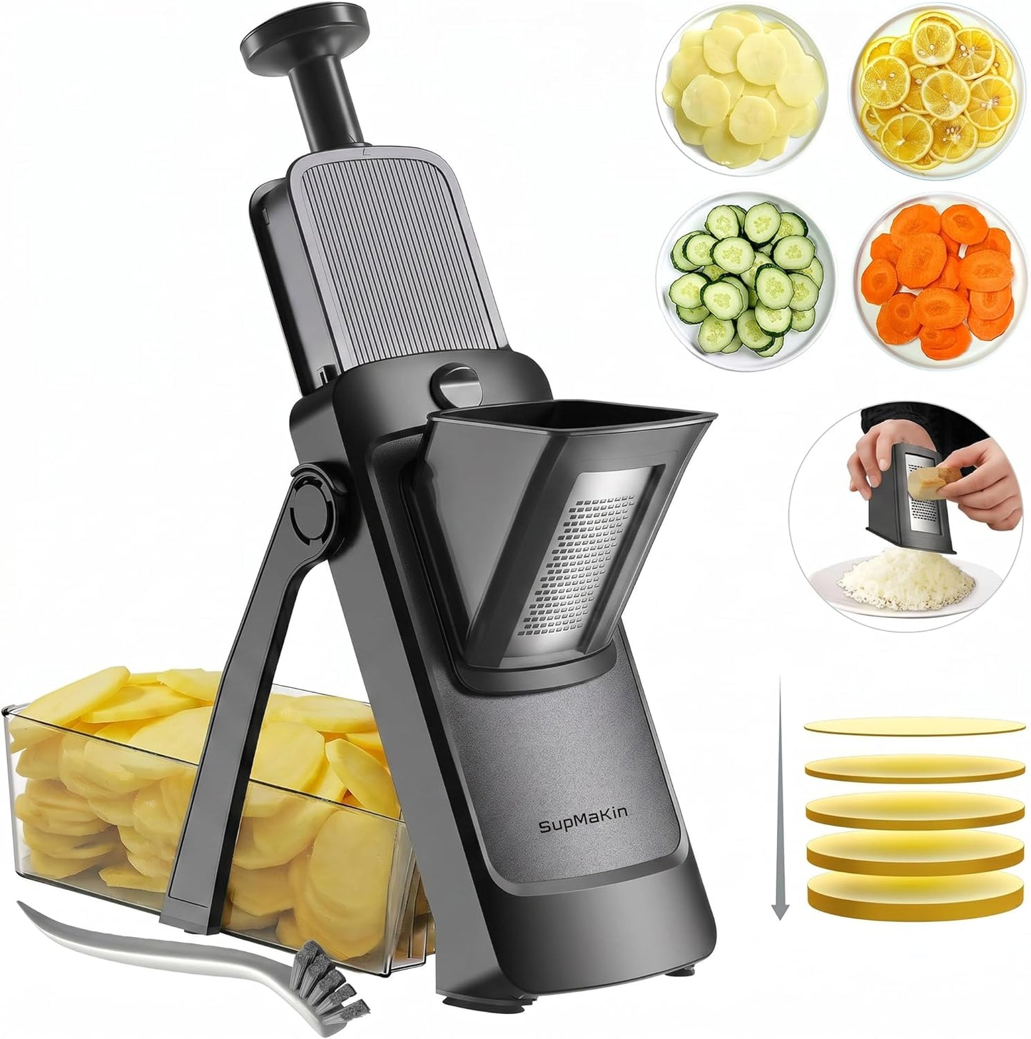 SupMaKin Safe Mandoline Slicer for Kitchen,Adjustable Potato Slicer 1-8 mm | for Vegetables Fruits Slicer with Container, Stainless Steel Blades,Faster Slicer Artifact Kitchen Gadgets Dishwasher Gifts