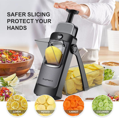 SupMaKin Safe Mandoline Slicer for Kitchen,Adjustable Potato Slicer 1-8 mm | for Vegetables Fruits Slicer with Container, Stainless Steel Blades,Faster Slicer Artifact Kitchen Gadgets Dishwasher Gifts