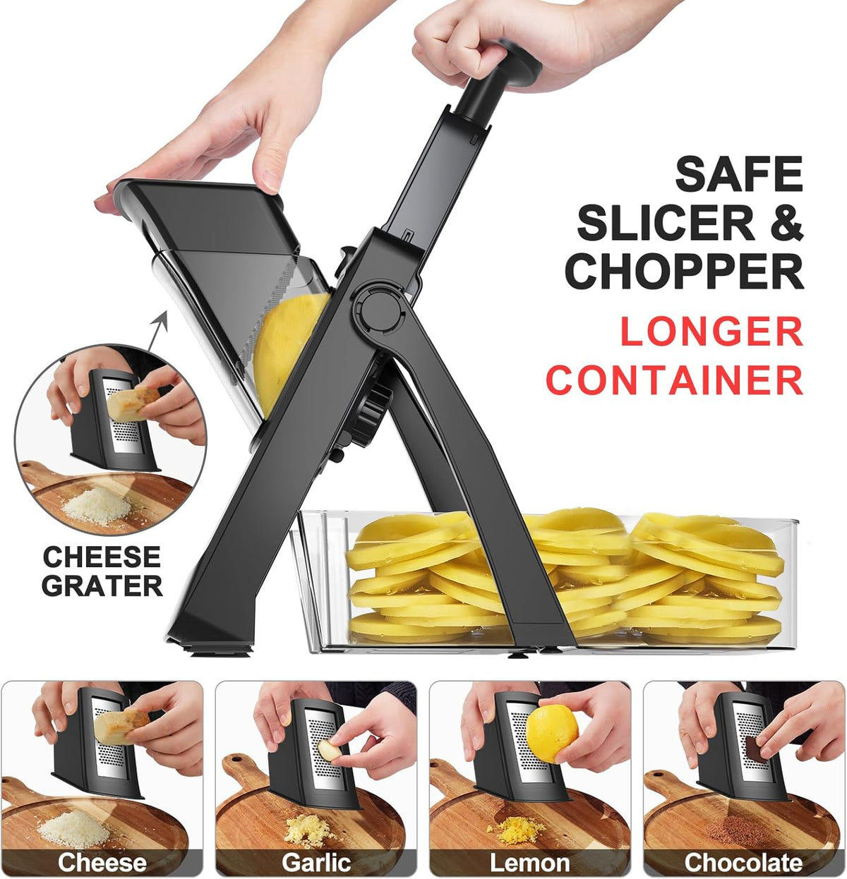 SupMaKin Safe Mandoline Slicer for Kitchen,Adjustable Potato Slicer 1-8 mm | for Vegetables Fruits Slicer with Container, Stainless Steel Blades,Faster Slicer Artifact Kitchen Gadgets Dishwasher Gifts