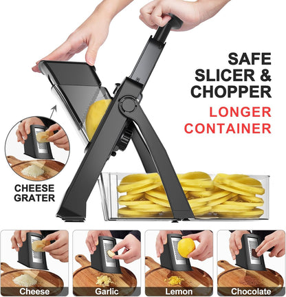 SupMaKin Safe Mandoline Slicer for Kitchen,Adjustable Potato Slicer 1-8 mm | for Vegetables Fruits Slicer with Container, Stainless Steel Blades,Faster Slicer Artifact Kitchen Gadgets Dishwasher Gifts