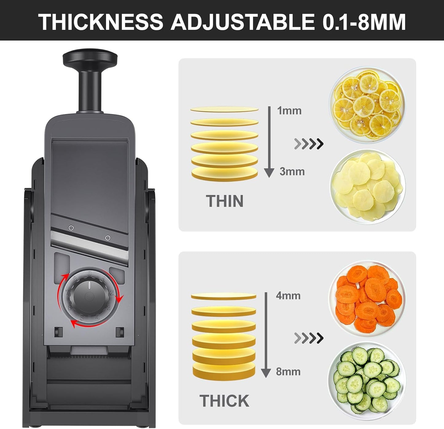 SupMaKin Safe Mandoline Slicer for Kitchen,Adjustable Potato Slicer 1-8 mm | for Vegetables Fruits Slicer with Container, Stainless Steel Blades,Faster Slicer Artifact Kitchen Gadgets Dishwasher Gifts