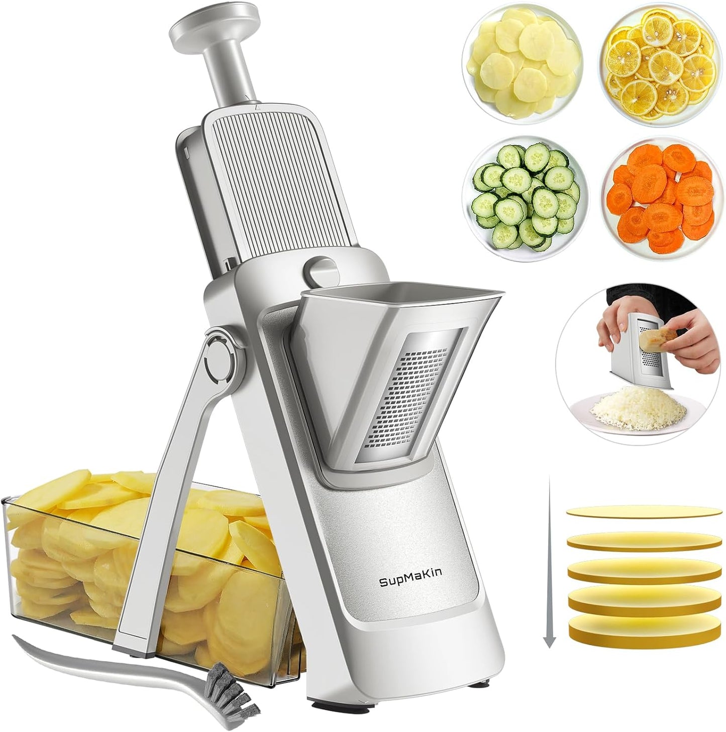 SupMaKin Safe Mandoline Slicer for Kitchen,Adjustable Potato Slicer 1-8 mm | for Vegetables Fruits Slicer with Container, Stainless Steel Blades,Faster Slicer Artifact Kitchen Gadgets Dishwasher Gifts